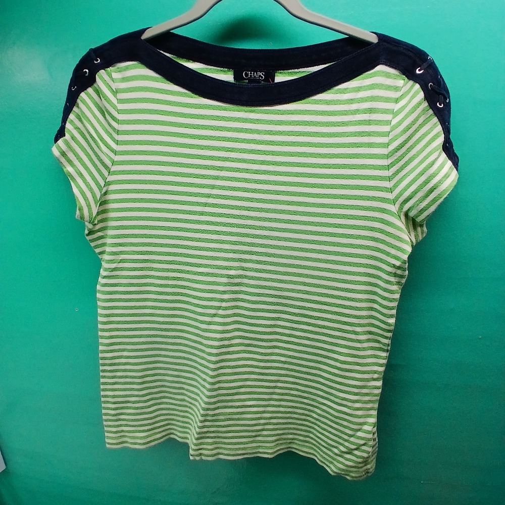Chaps Striped Short Sleeve Top Large Green White Nautical Lace Up Shoulder Tee